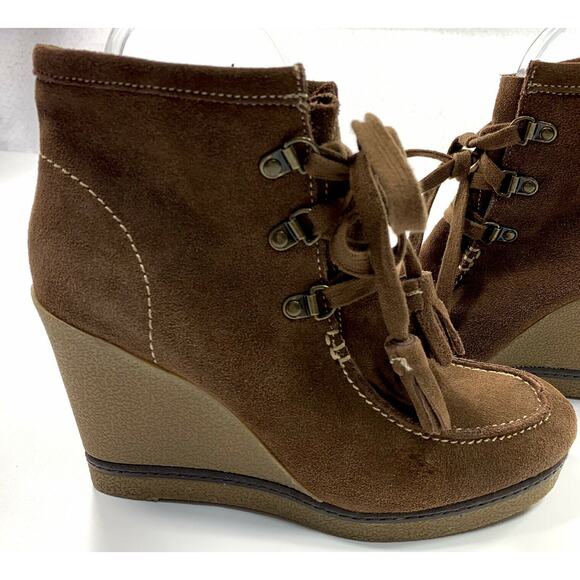 MIA Hazel Boot Brown Suede Leather Tassle Lace Up Wedge Bootie Size 7.5 M - Picture 1 of 12